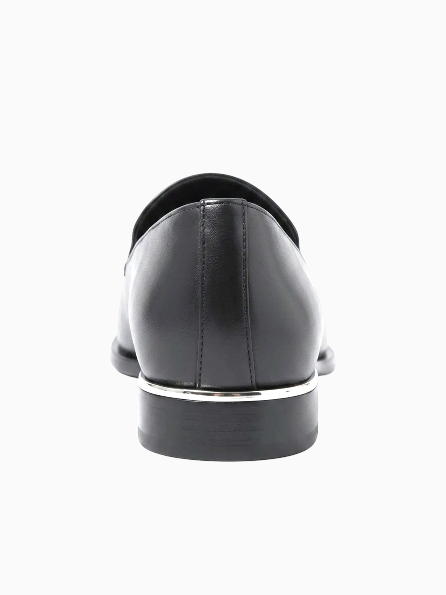 Queen Anna House of Fashion black leather loafers with silver trim detail on heel and structured toe.