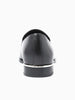 Queen Anna House of Fashion black leather loafers with silver trim detail on heel and structured toe.