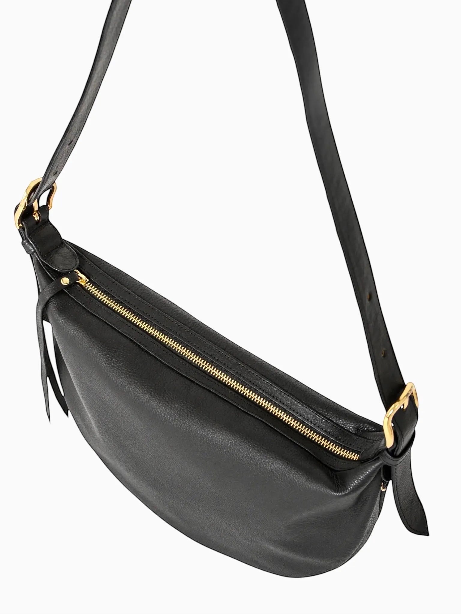 Queen Anna House of Fashion TAH Bags Nova black full-grain leather sling bag with gold-tone brass hardware.