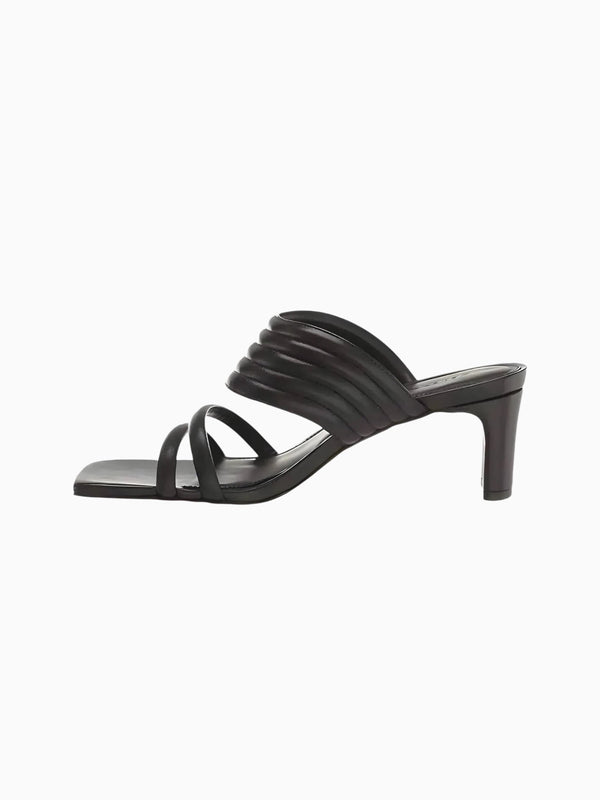 Queen Anna House of Fashion black leather strappy slide sandals with cushioned footbed and square toe.