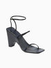 Queen Anna House of Fashion black leather square toe ankle strap wedge sandals with thin straps.