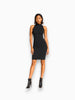 Queen Anna House of Fashion Yummie black sleeveless mock neck midi dress worn by a model with black ankle boots.