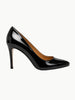 Queen Anna House of Fashion Rebecca Allen black patent leather almond-toe pump with a 3.5-inch heel, side view.