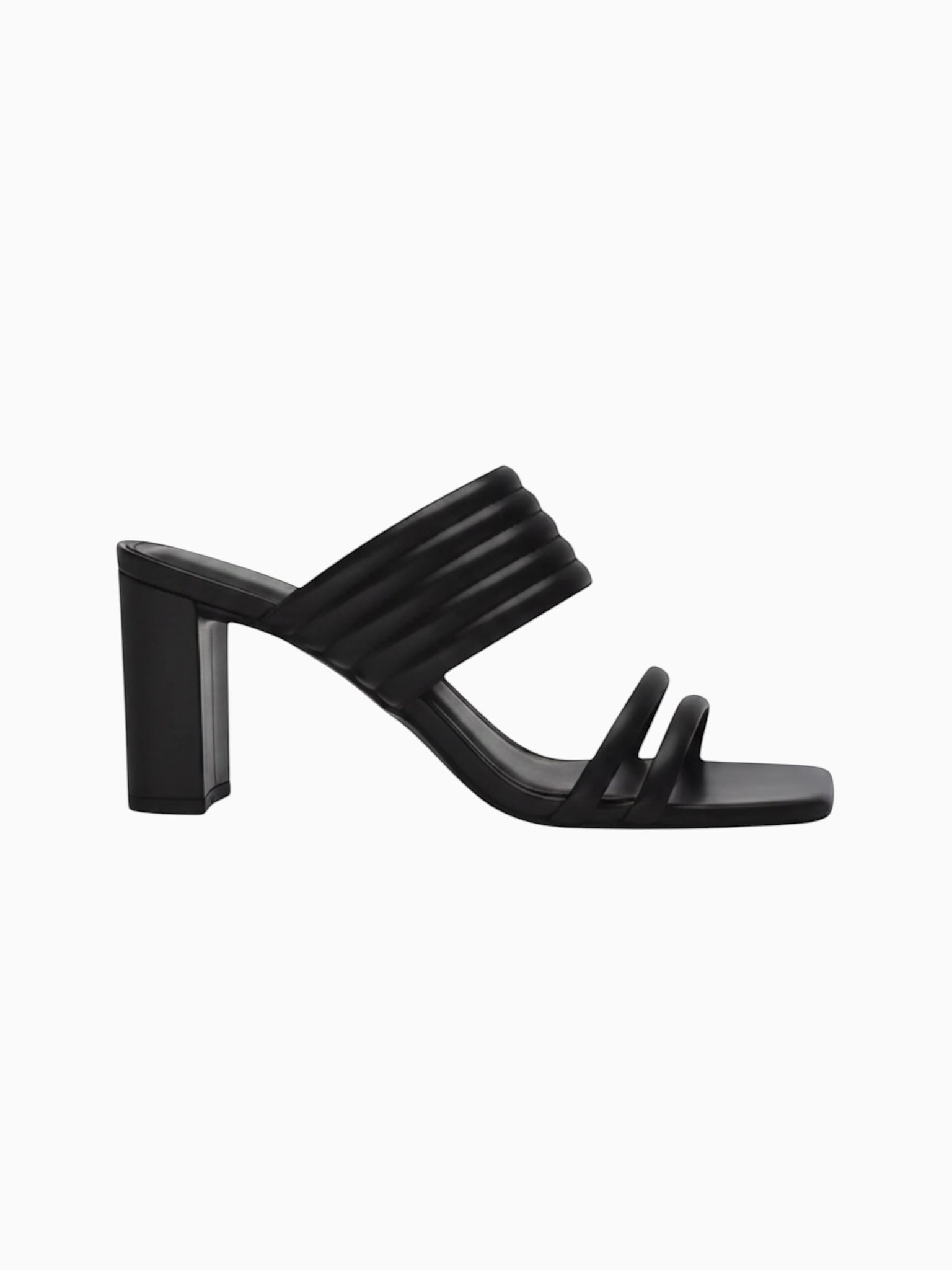 Queen Anna House of Fashion black leather quilted strap block heel sandals with square toe.