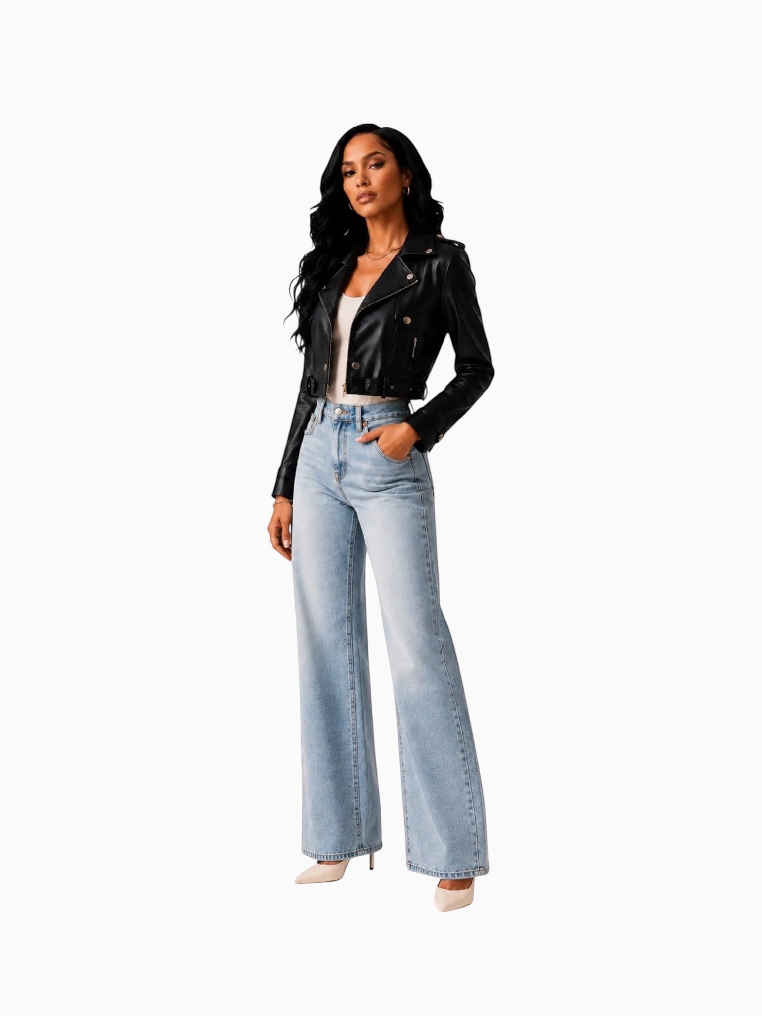 Queen Anna House of Fashion black vegan leather cropped moto jacket with silver hardware and a structured collar.