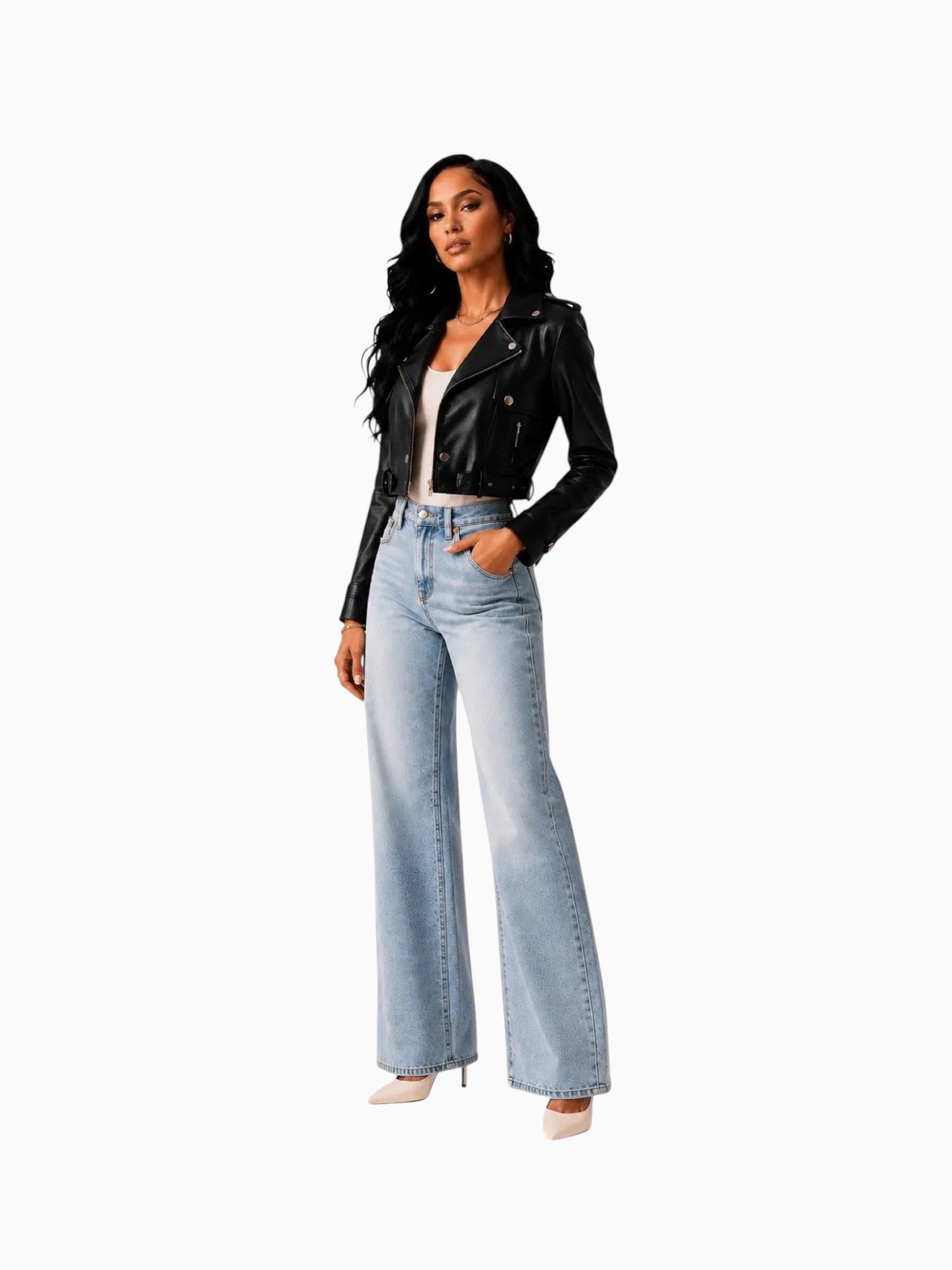 Queen Anna House of Fashion black vegan leather cropped moto jacket with silver hardware and a belted waist.
