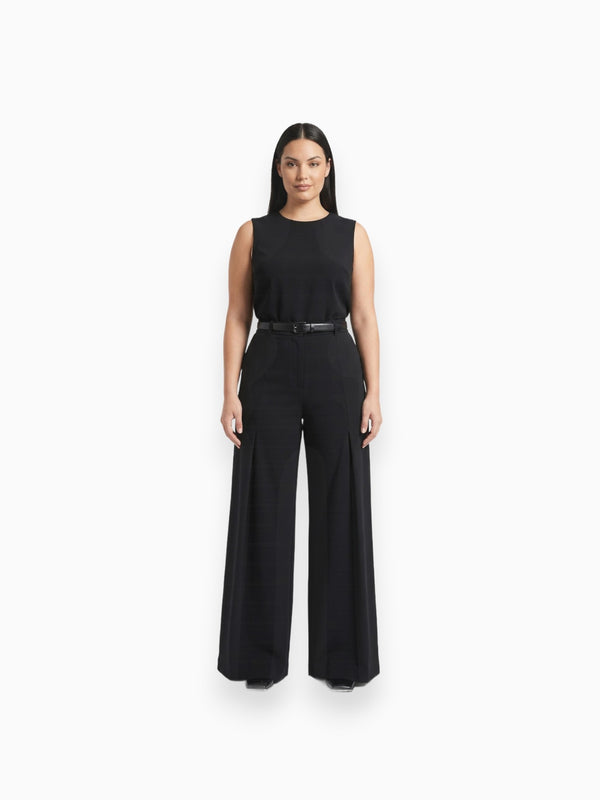 Queen Anna House of Fashion black wide-leg ponte pants with high waist, pleats, and elastic waistband.