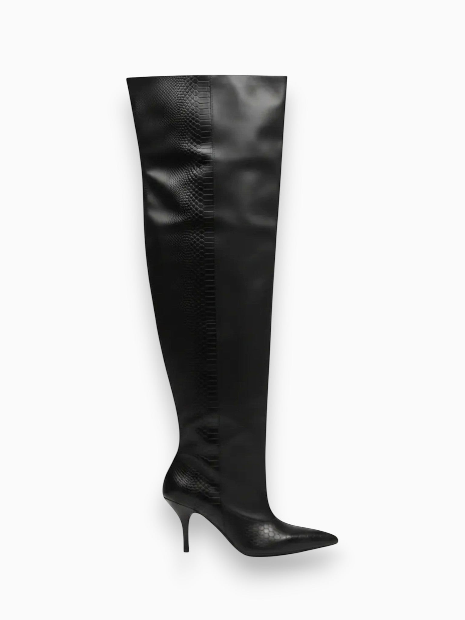 Queen Anna House of Fashion HALINA blacksnake embossed faux leather over-the-knee boot with pointed toe and stiletto heel.