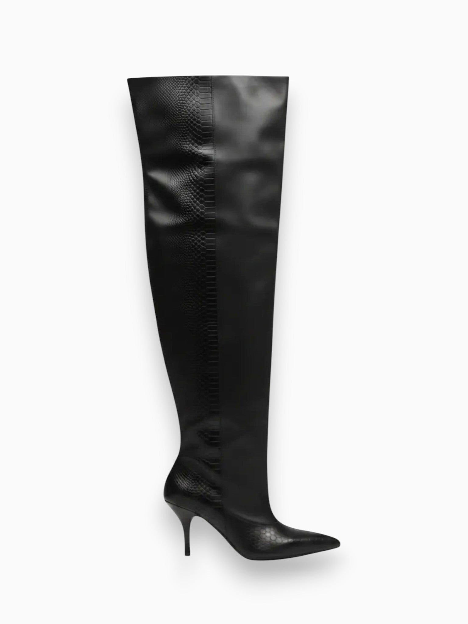 Queen Anna House of Fashion HALINA blacksnake embossed faux leather over-the-knee boot with pointed toe and stiletto heel.