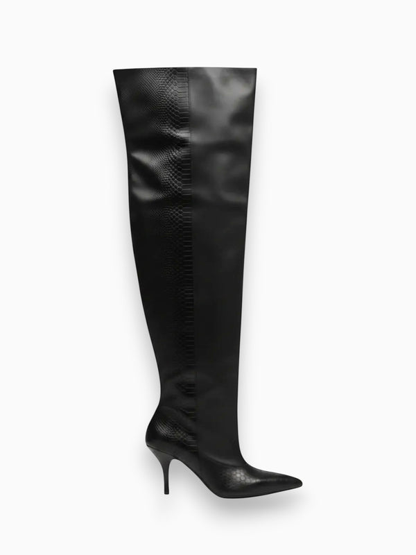 Queen Anna House of Fashion HALINA blacksnake embossed faux leather over-the-knee boot with pointed toe and stiletto heel.