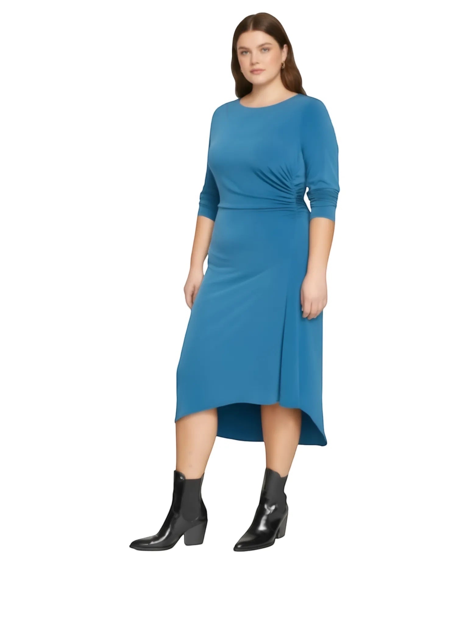 Model wearing a blue Queen Anna House of Fashion jersey cinched dress with a high-low hem and three-quarter sleeves.