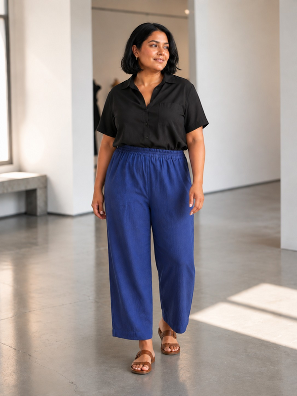 Queen Anna House of Fashion model wearing blue Universal Standard Iris linen blend straight-leg pull-on pants