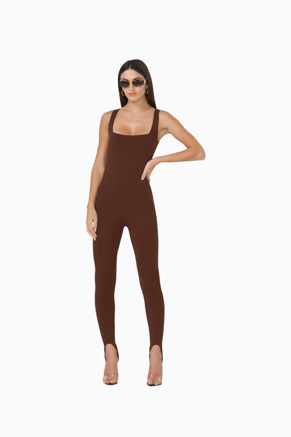 Queen Anna House of Fashion brown rayon spandex stretch jersey catsuit with square neckline and stirrup ankles