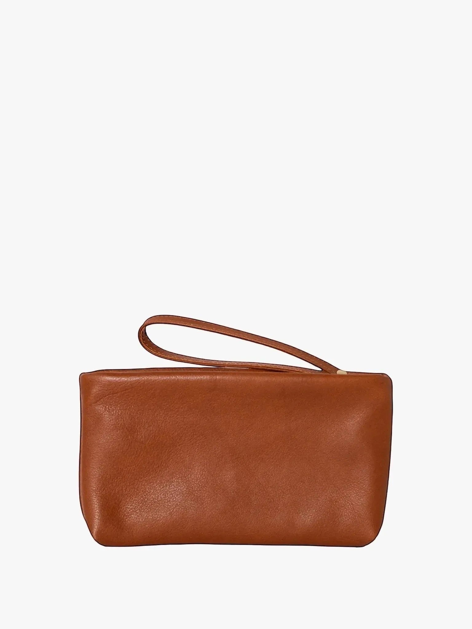 Queen Anna House of Fashion TAH Bags minimalist brown leather clutch with a convenient wrist strap for easy carrying.