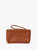 Queen Anna House of Fashion TAH Bags minimalist brown leather clutch with a convenient wrist strap for easy carrying.