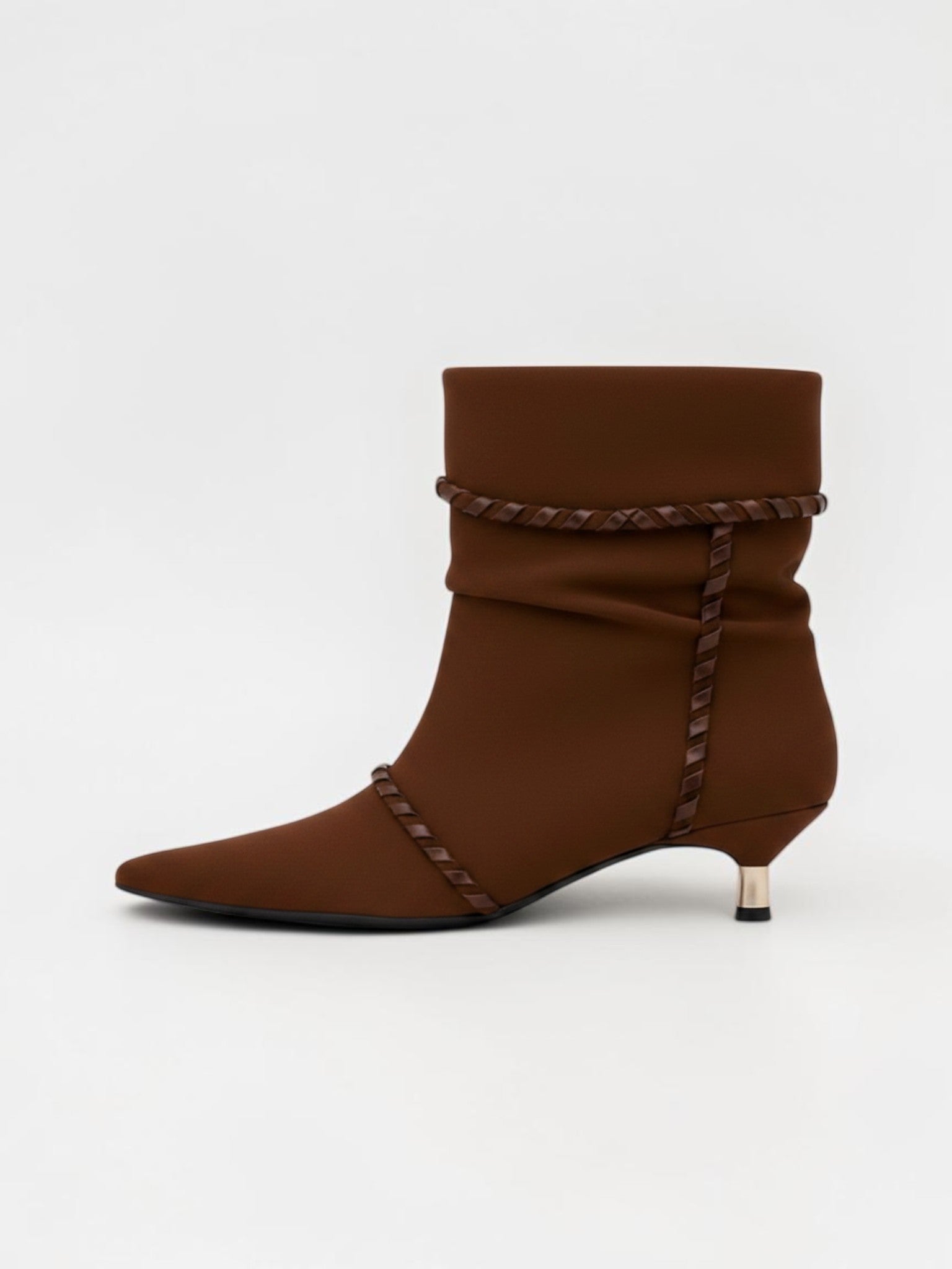 Queen Anna House of Fashion brown slouchy suede ankle boots with braided trim and kitten heel
