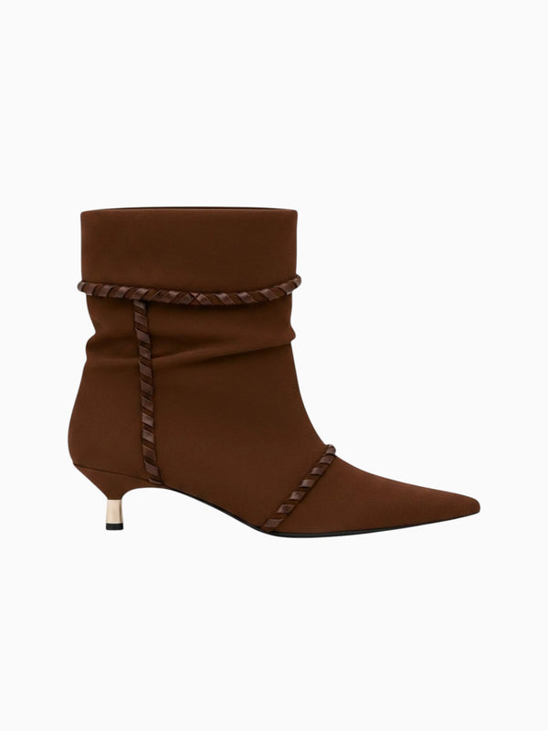 Queen Anna House of Fashion brown suede slouch bootie with pointed toe, braided trim, and 2-inch kitten heel.