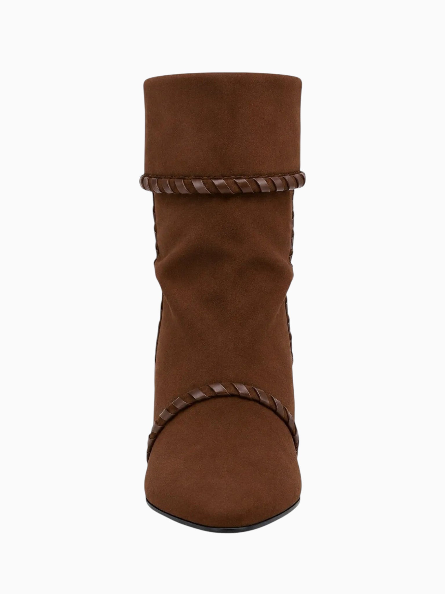 Queen Anna House of Fashion brown suede slouch bootie with braided trim and pointed toe.