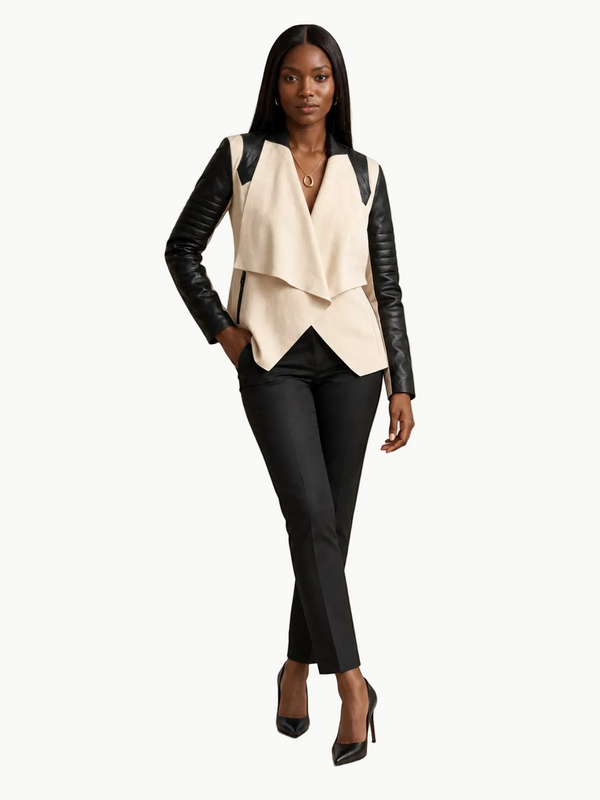Model wearing a Queen Anna House of Fashion Blanc Noir drape front jacket with cream ponte and black faux leather.