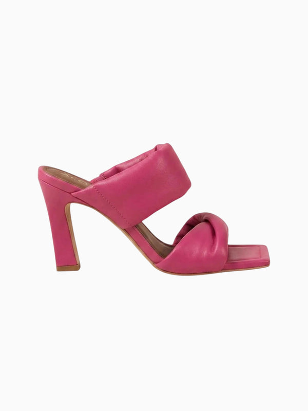 Queen Anna House of Fashion magenta leather slide sandals with twisted straps and square toe.