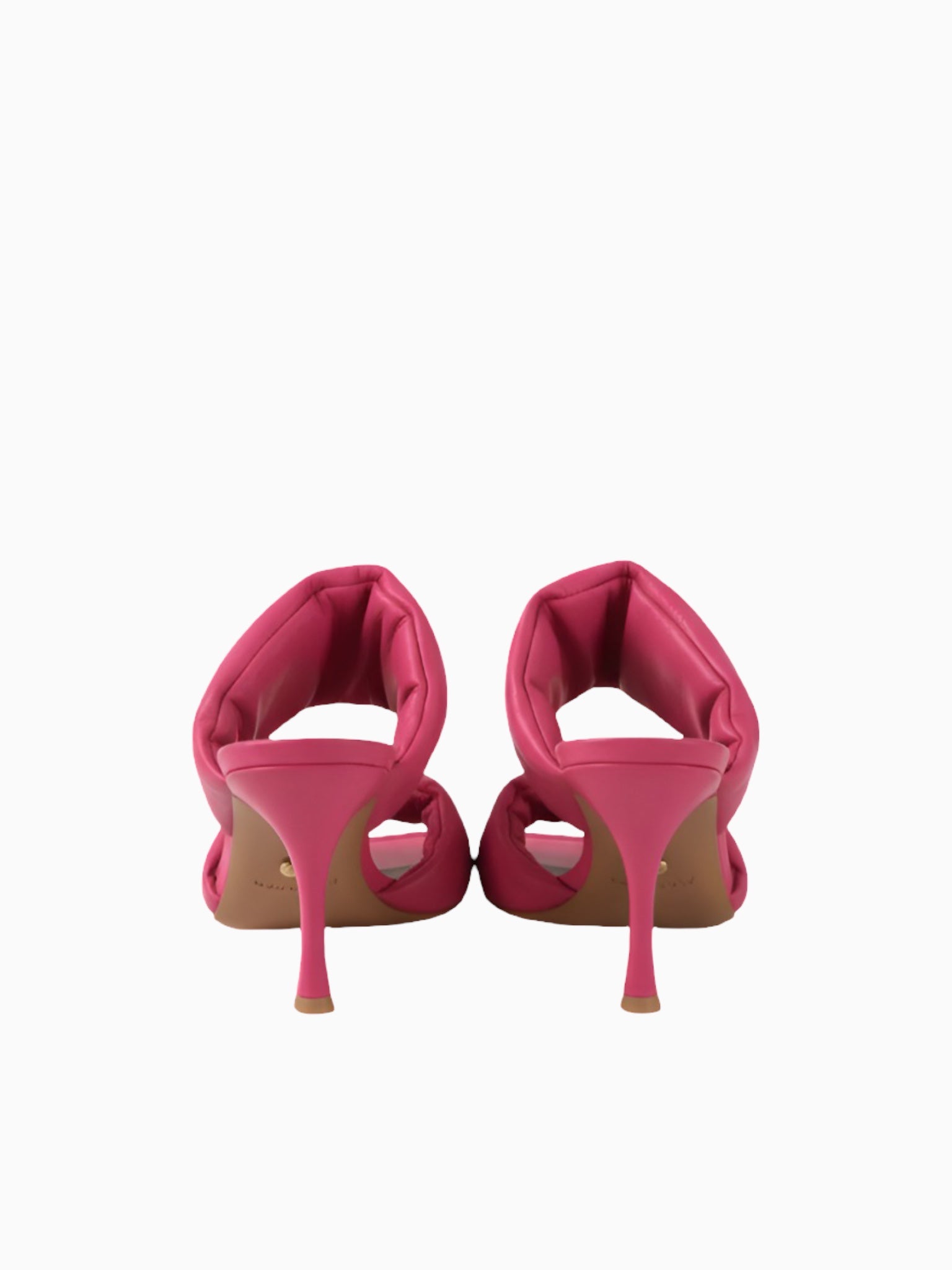 Queen Anna House of Fashion magenta leather twist strap heeled sandals with a pointed toe and stiletto heel.