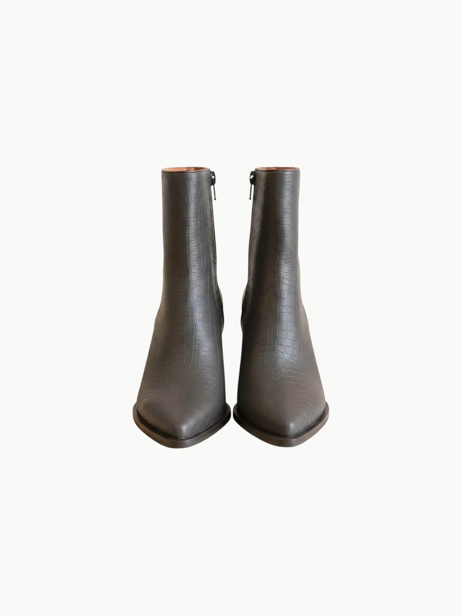 Queen Anna House of Fashion The Miley alligator print vegan leather pointed toe booties with block heel.