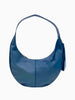 Queen Anna House of Fashion TAH Bags navy blue full-grain leather crescent sling bag with curved zipper and tassel