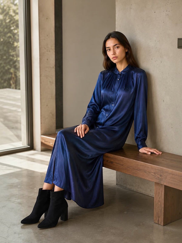 Queen Anna House of Fashion Neu Nomads navy satin TENCEL modal shirt dress with polo collar and long sleeves