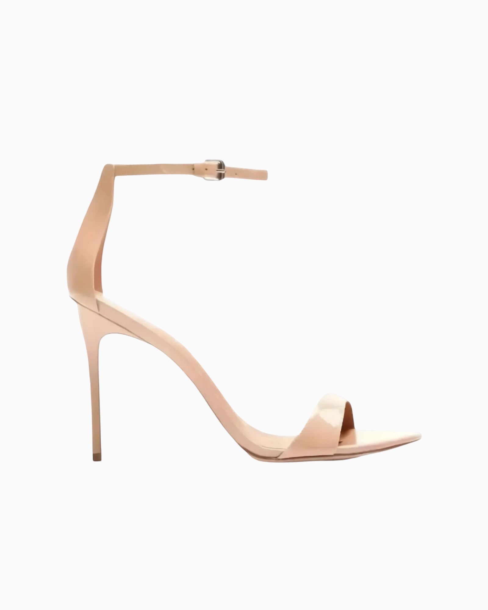 Queen Anna House of Fashion Nude patent leather stiletto heeled sandals with ankle strap and single toe strap.