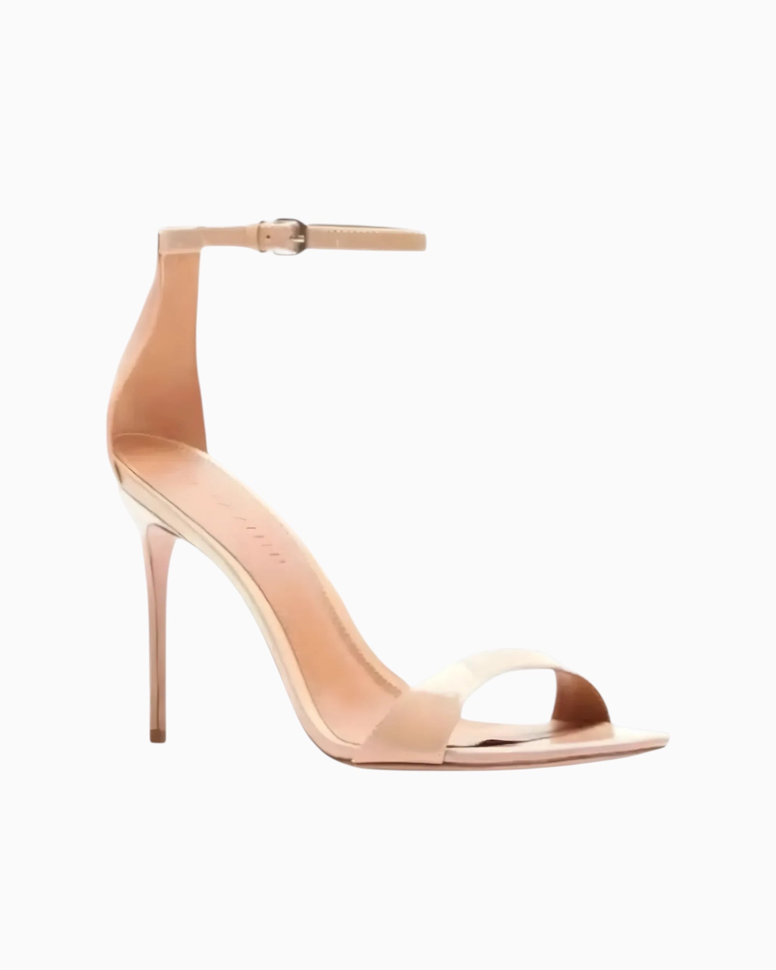 Queen Anna House of Fashion nude patent leather stiletto sandals with ankle strap and single toe strap.