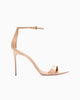 Queen Anna House of Fashion Nude patent leather stiletto sandals with ankle strap and single toe strap.