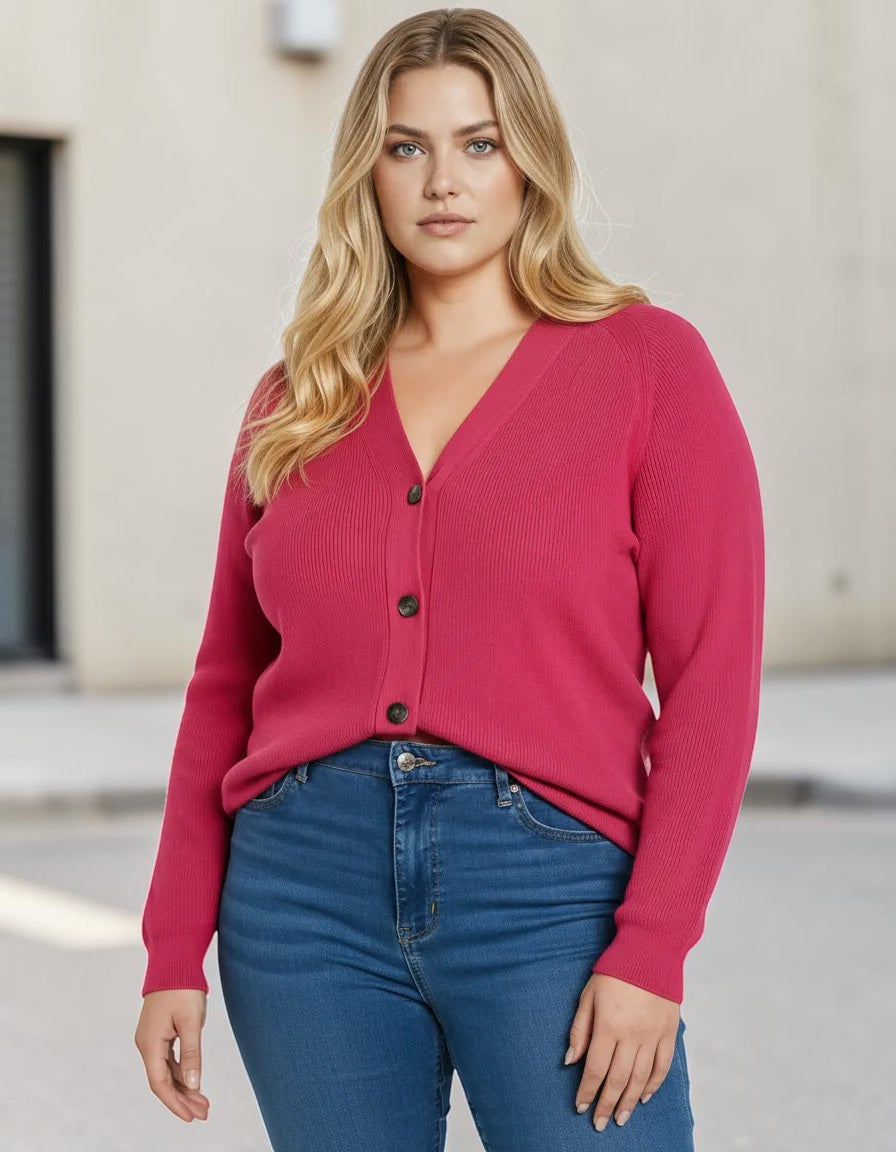 Queen Anna House of Fashion Universal Standard Better Than Wool cardigan in vibrant pink with button-front closure.