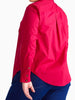 Queen Anna House of Fashion Universal Standard pink stretch poplin button-down shirt, back view with tailored fit.