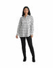 Model wearing a Queen Anna House of Fashion Universal Standard white and black plaid stretch poplin button-down shirt.