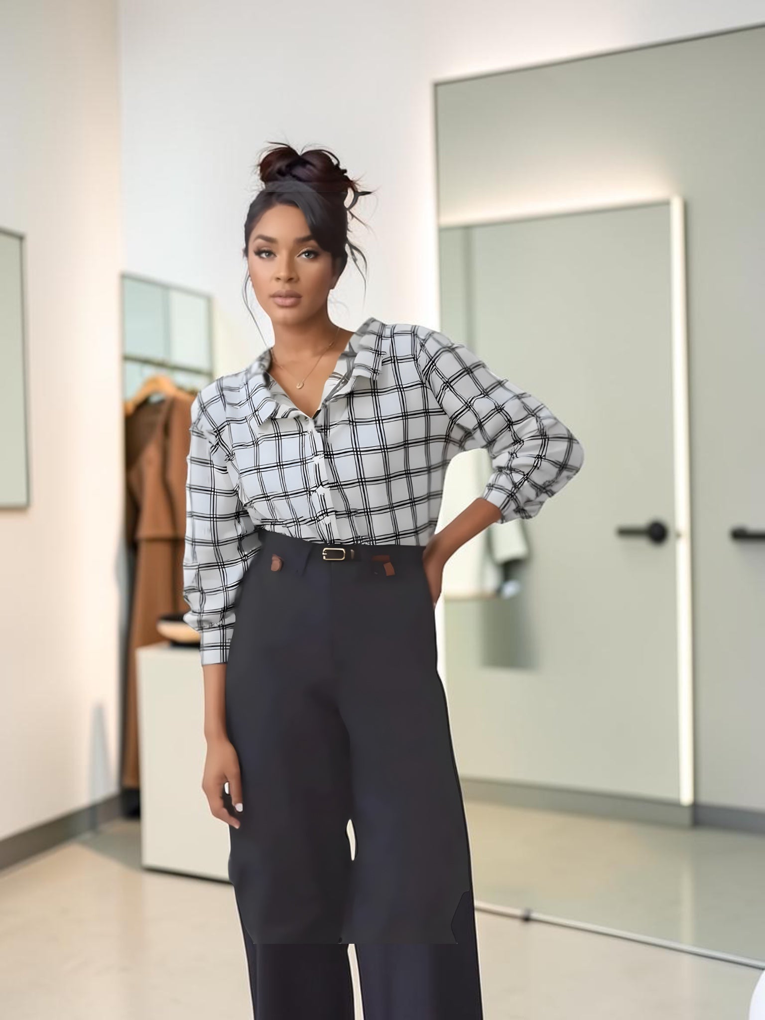 Queen Anna House of Fashion model wearing a white and black plaid stretch poplin button-front shirt with dark trousers