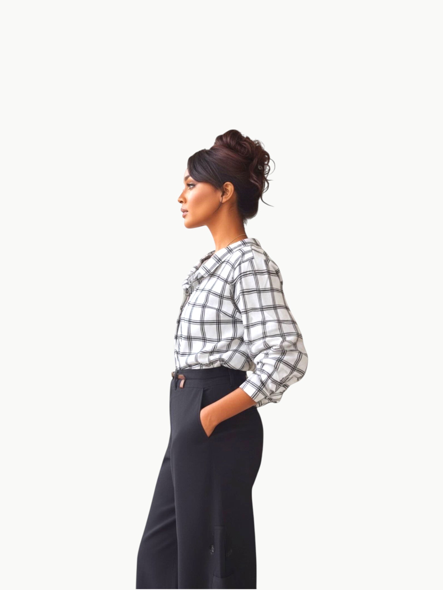 Queen Anna House of Fashion model wearing a white and black plaid stretch poplin button-down shirt with black trousers