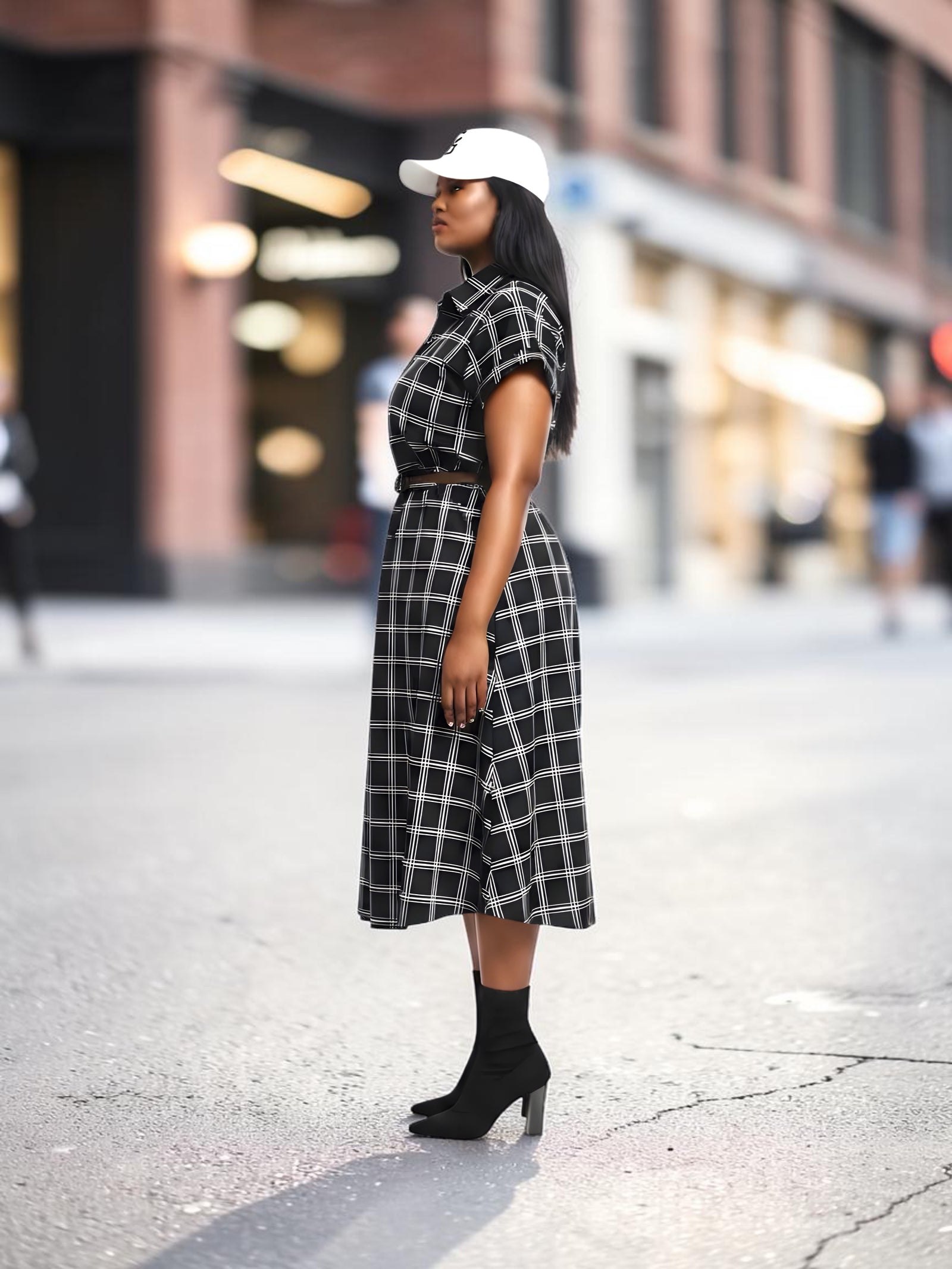 Queen Anna House of Fashion midi shirtdress in black and white plaid stretch poplin with a self-belt and collar