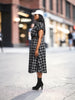 Queen Anna House of Fashion midi shirtdress in black and white plaid stretch poplin with a self-belt and collar