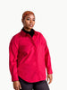 Queen Anna House of Fashion red stretch poplin button-down shirt with hidden snaps worn by a model.