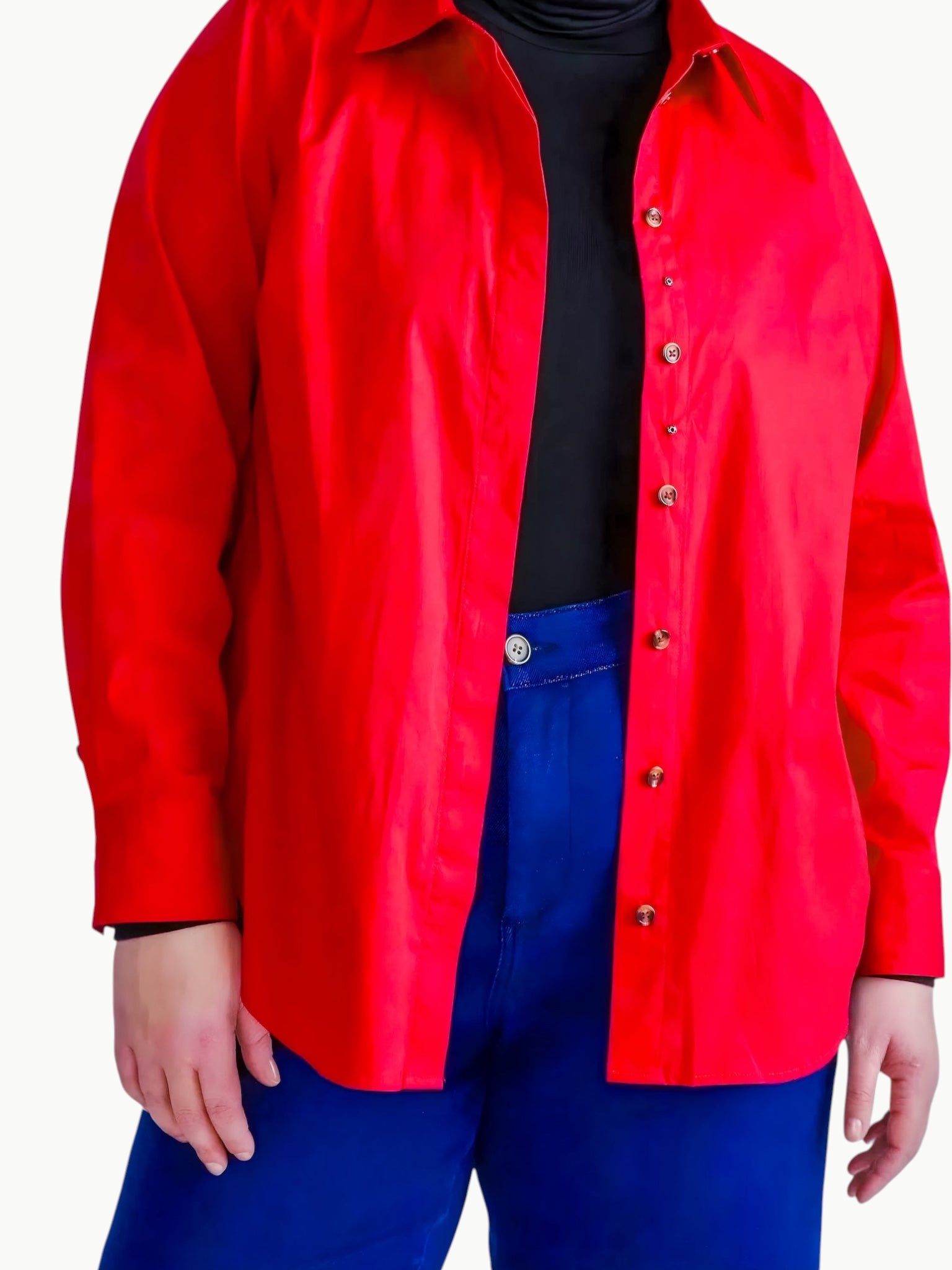 Queen Anna House of Fashion red stretch poplin button-down shirt worn open over a black top and blue trousers