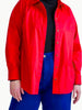 Queen Anna House of Fashion red stretch poplin button-down shirt worn open over a black top and blue trousers
