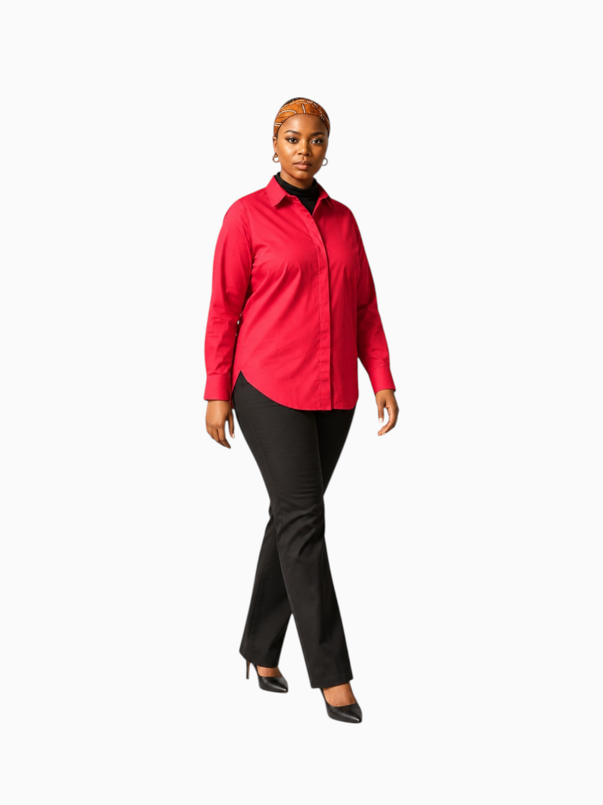 Model wearing a Queen Anna House of Fashion red stretch poplin shirt with hidden snaps and black tailored trousers.