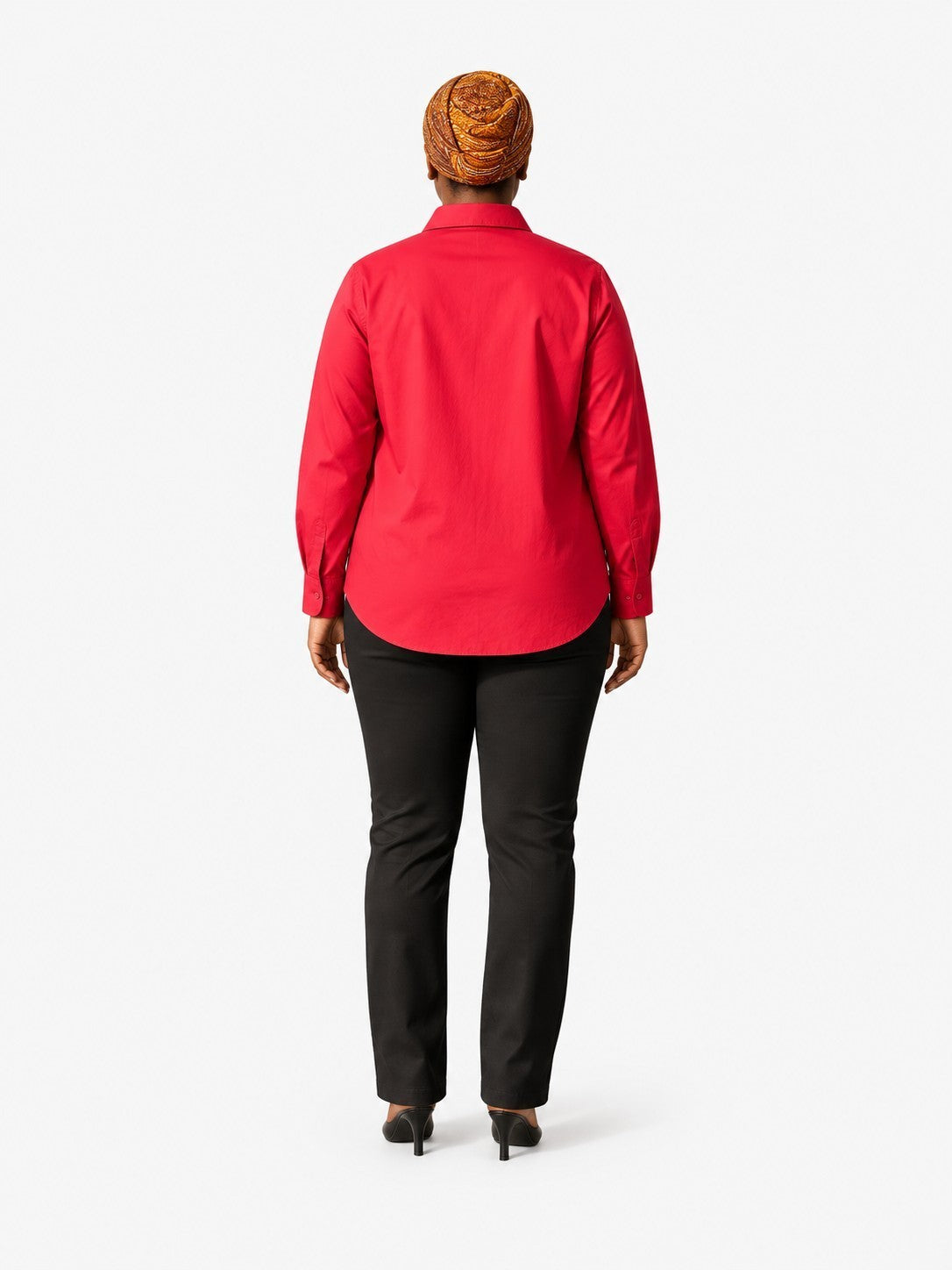 Queen Anna House of Fashion red stretch poplin shirt worn by a model from the back with black trousers and heels