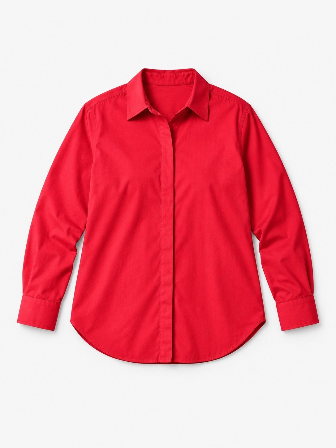 Queen Anna House of Fashion red Universal Standard Elbe stretch poplin long-sleeve button-down shirt with hidden snaps.