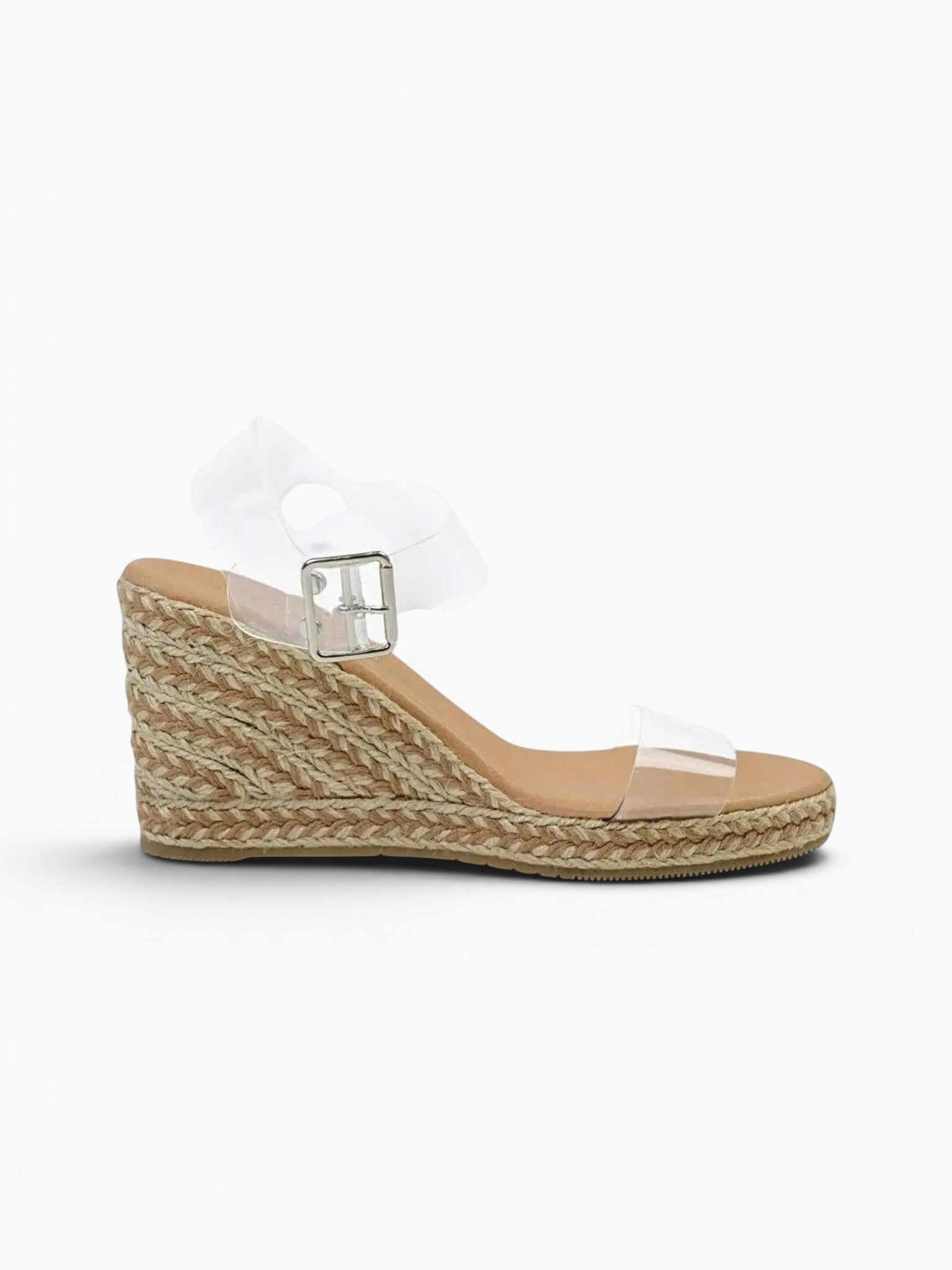 Queen Anna House of Fashion Maeve Illusion Espadrille Sandal in sand denim with clear straps and a natural rope wedge sole.
