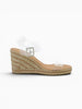 Queen Anna House of Fashion Maeve Illusion Espadrille Sandal in sand denim with clear straps and a natural rope wedge sole.