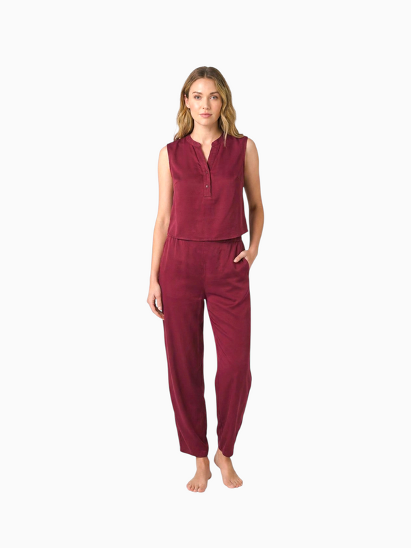 Queen Anna House of Fashion Lunya washable silk tank and pant set in rich calliope wine on a female model