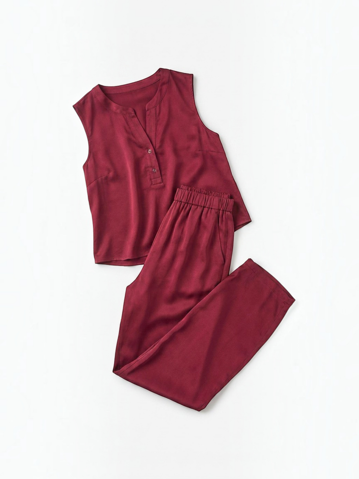 Queen Anna House of Fashion Lunya washable silk tank and pant set in a rich calliope wine color with button detail.