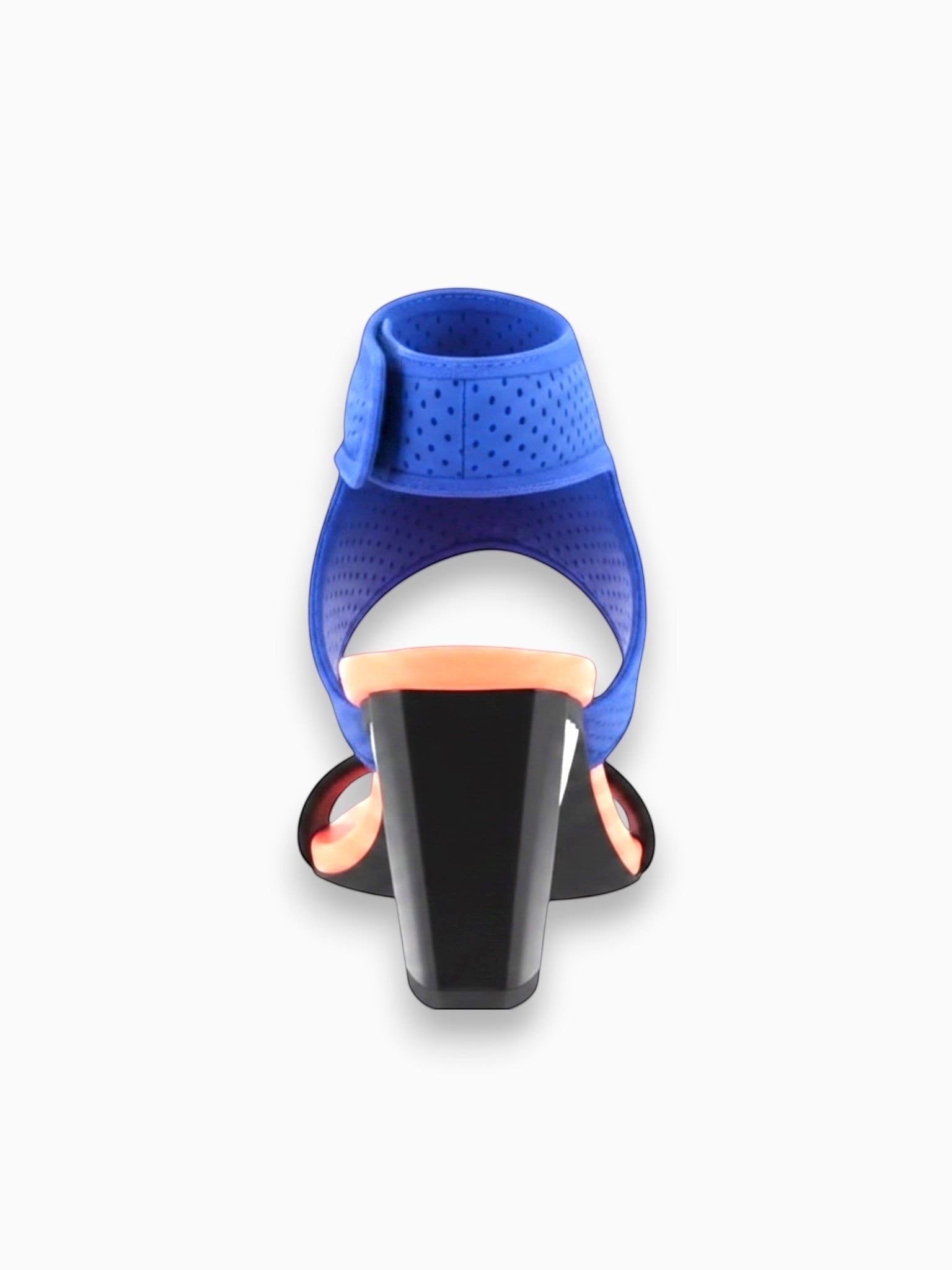 Queen Anna House of Fashion Sonar Surf Mid sandal with blue neoprene, black strap, and orange sole. Features a unique geometric heel.