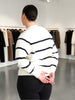 Queen Anna House of Fashion Universal Standard cream and navy striped Better Than Wool cardigan worn by a model